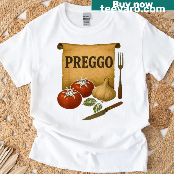 Cute vintage-style T-shirt with the phrase 'Preggo Sauce' for pregnancy announcements