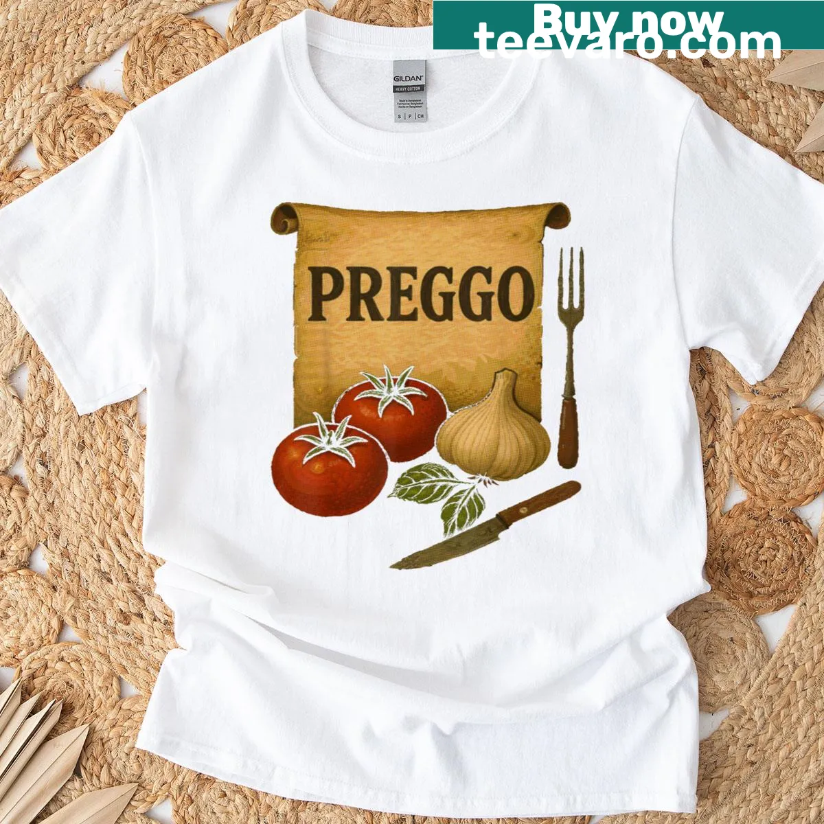 Cute vintage-style T-shirt with the phrase 'Preggo Sauce' for pregnancy announcements — on a men's t-shirt