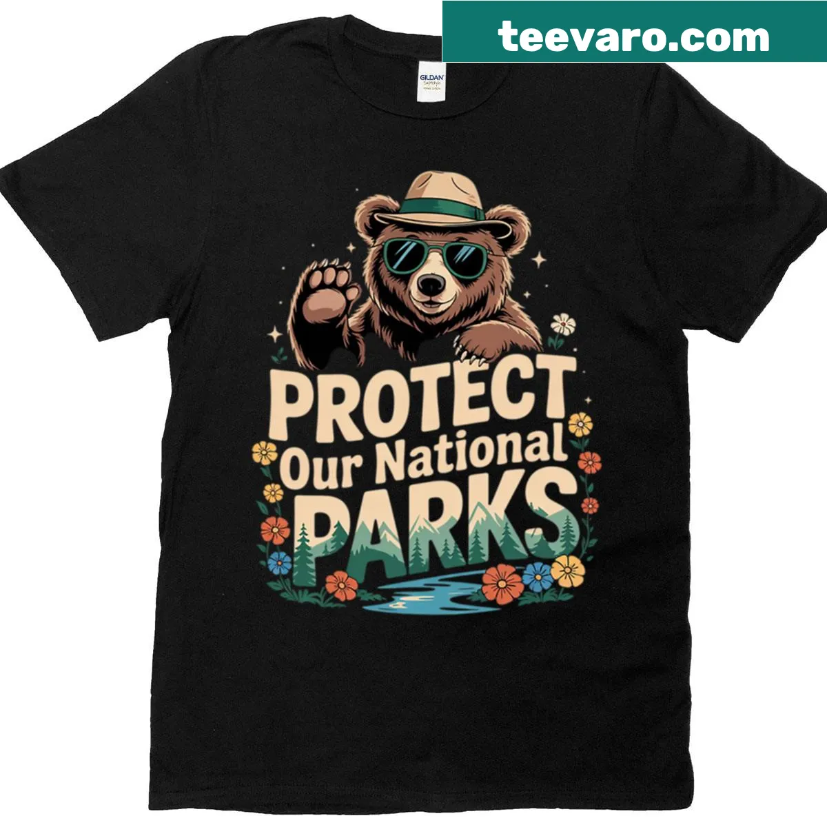 Illustration of a bear promoting national park conservation on a t-shirt. — on a men's t-shirt