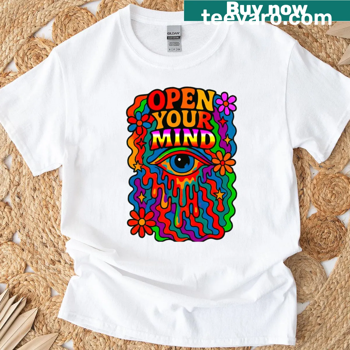 Bold psychedelic T-shirt with 'Open Your Mind' graphic design — on a men's t-shirt