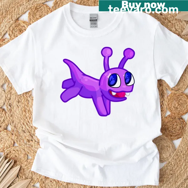 Whimsical illustration of a purple crayon creature on a T-shirt