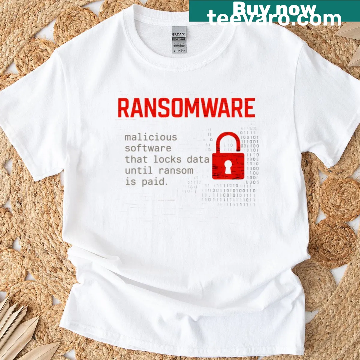 Tech-themed T-shirt with ransomware definitions in bold typography — on a men's t-shirt