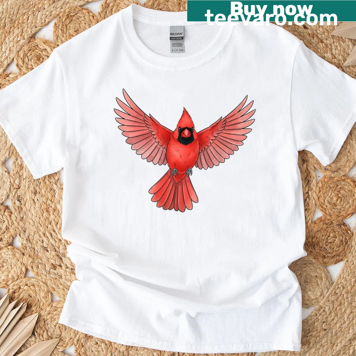 Illustration of a red cardinal in a forest setting on a t-shirt — on a men's t-shirt