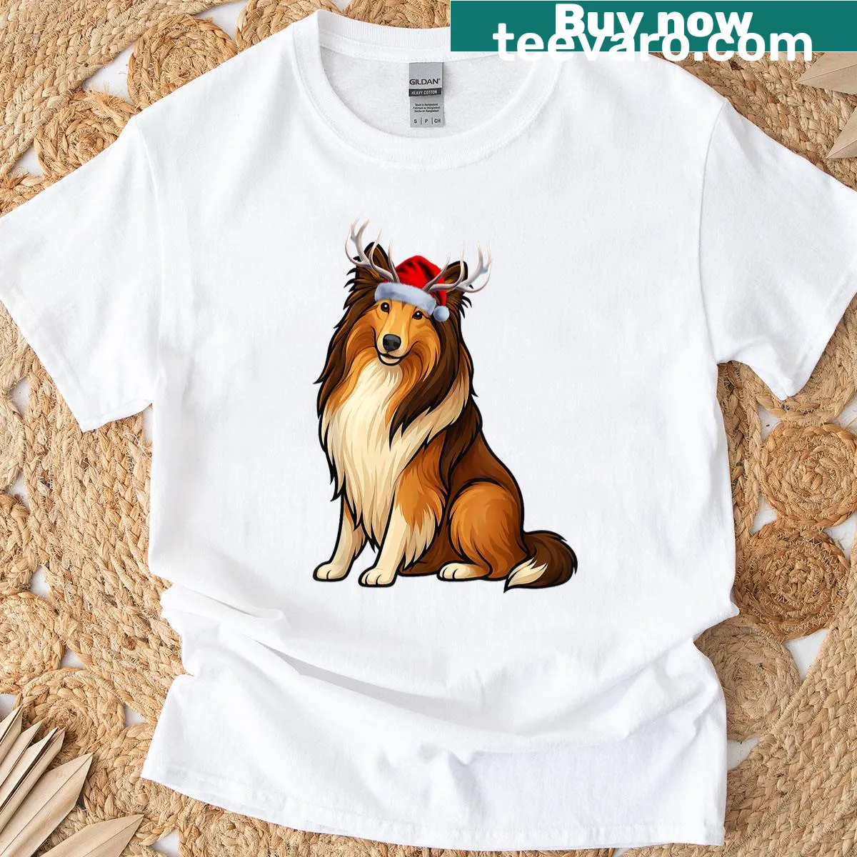 Cute Christmas t-shirt featuring a Rough Collie in a Santa hat. — on a men's t-shirt