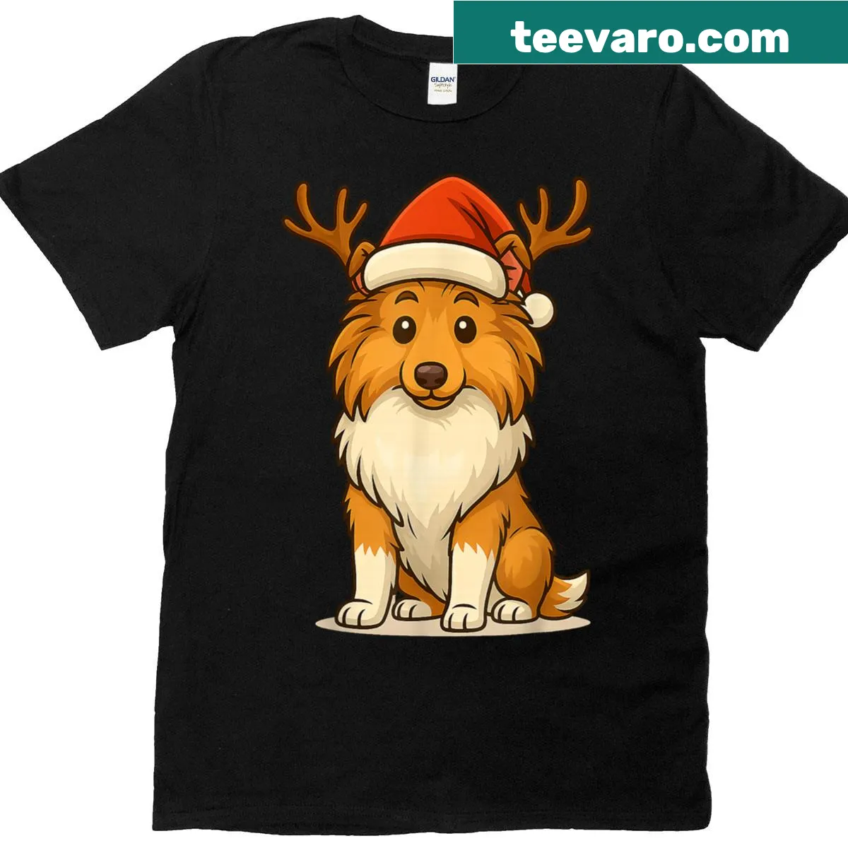 Funny Christmas t-shirt with a Rough Collie wearing a Santa hat — on a men's t-shirt