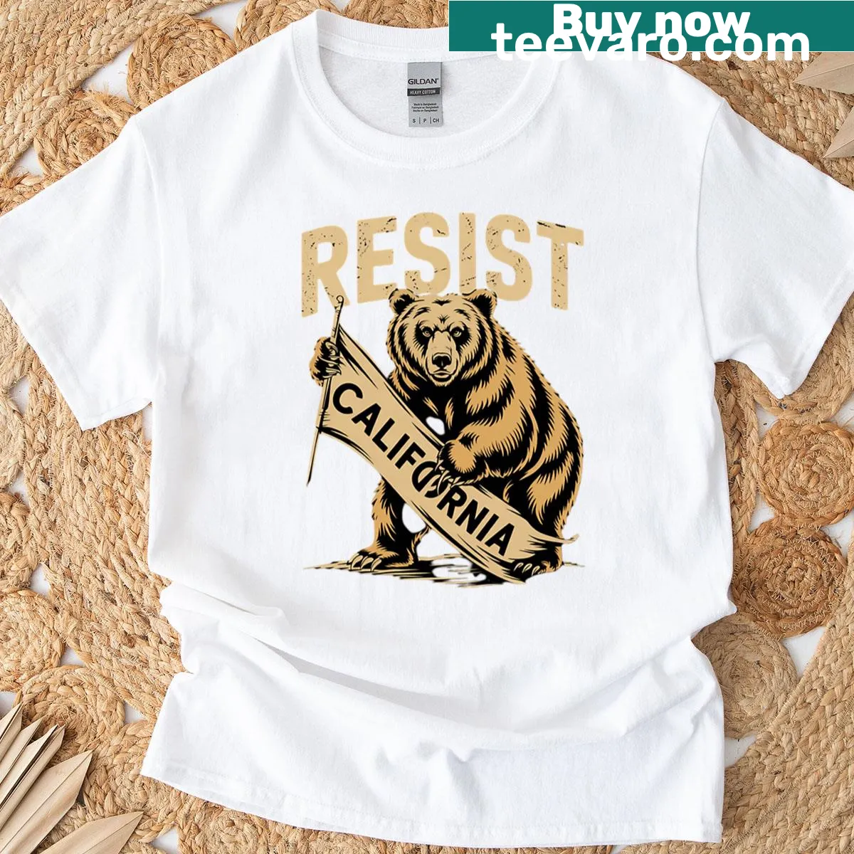 Bold Resist California Bear graphic t-shirt — on a men's t-shirt