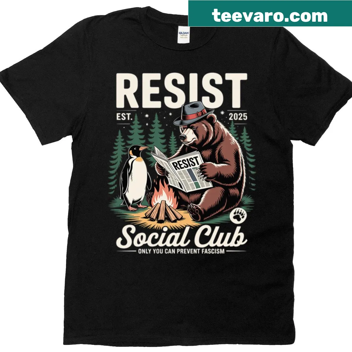 Cartoon bear and penguin illustration, humor about social life on T-shirt — on a men's t-shirt