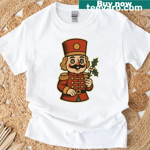 Vintage-style T-shirt featuring a nutcracker and holly design