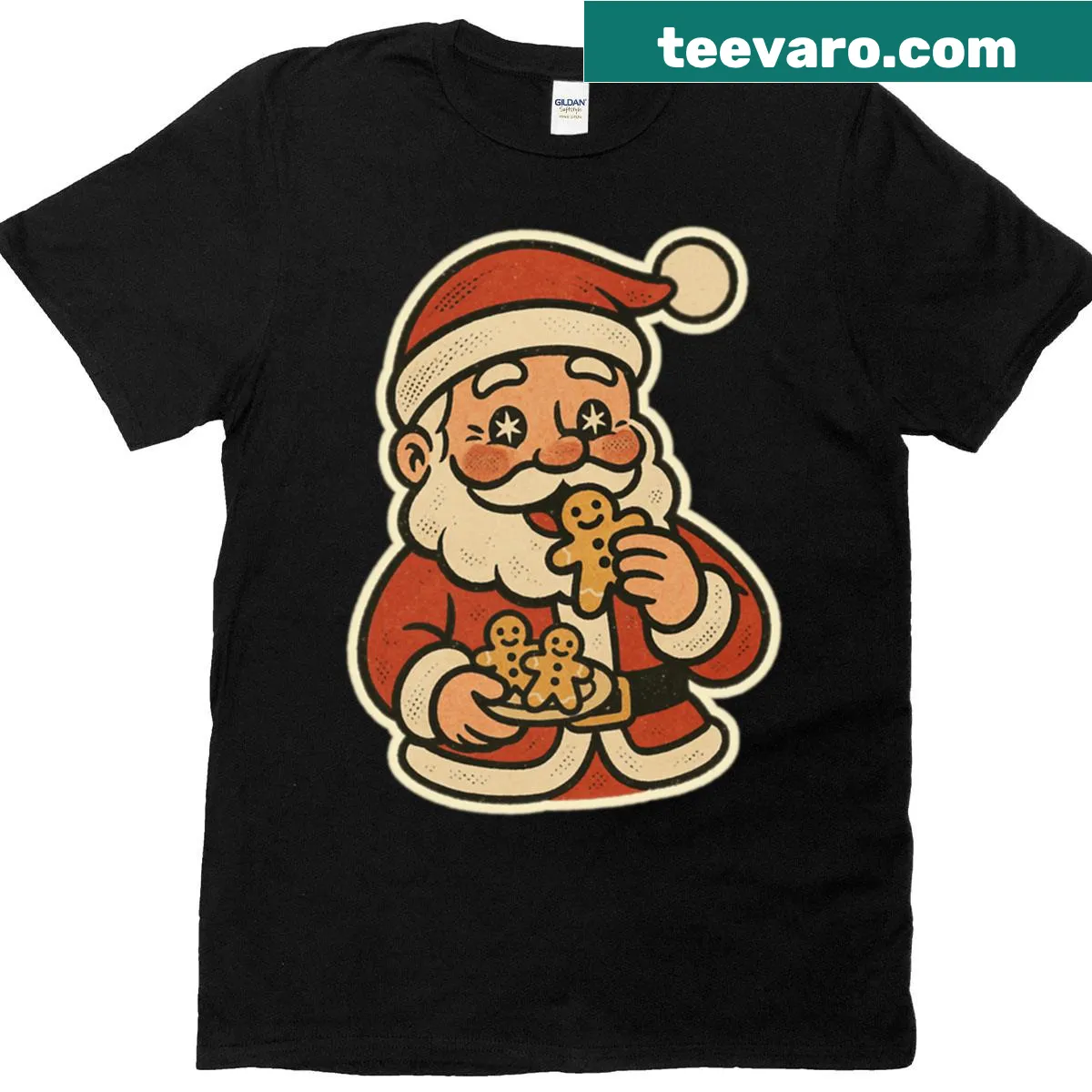 Vintage Santa Claus and Christmas characters with cookies on a T-shirt — on a men's t-shirt