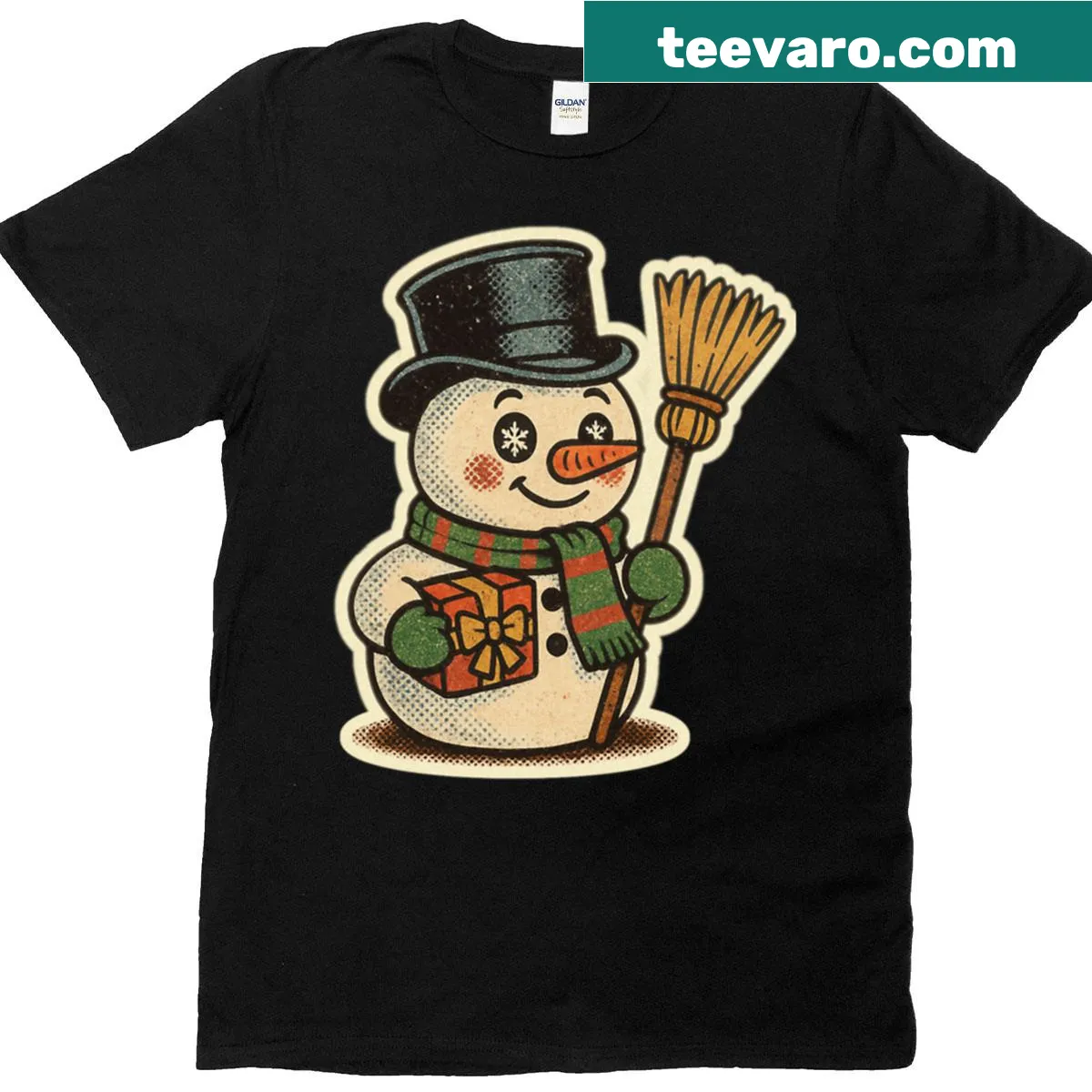 Retro snowman and gift graphic on holiday T-shirt — on a men's t-shirt