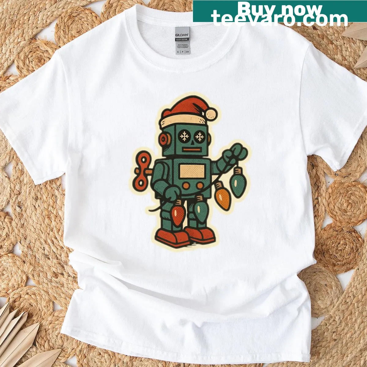 Retro Santa robot t-shirt with Christmas toys design — on a men's t-shirt