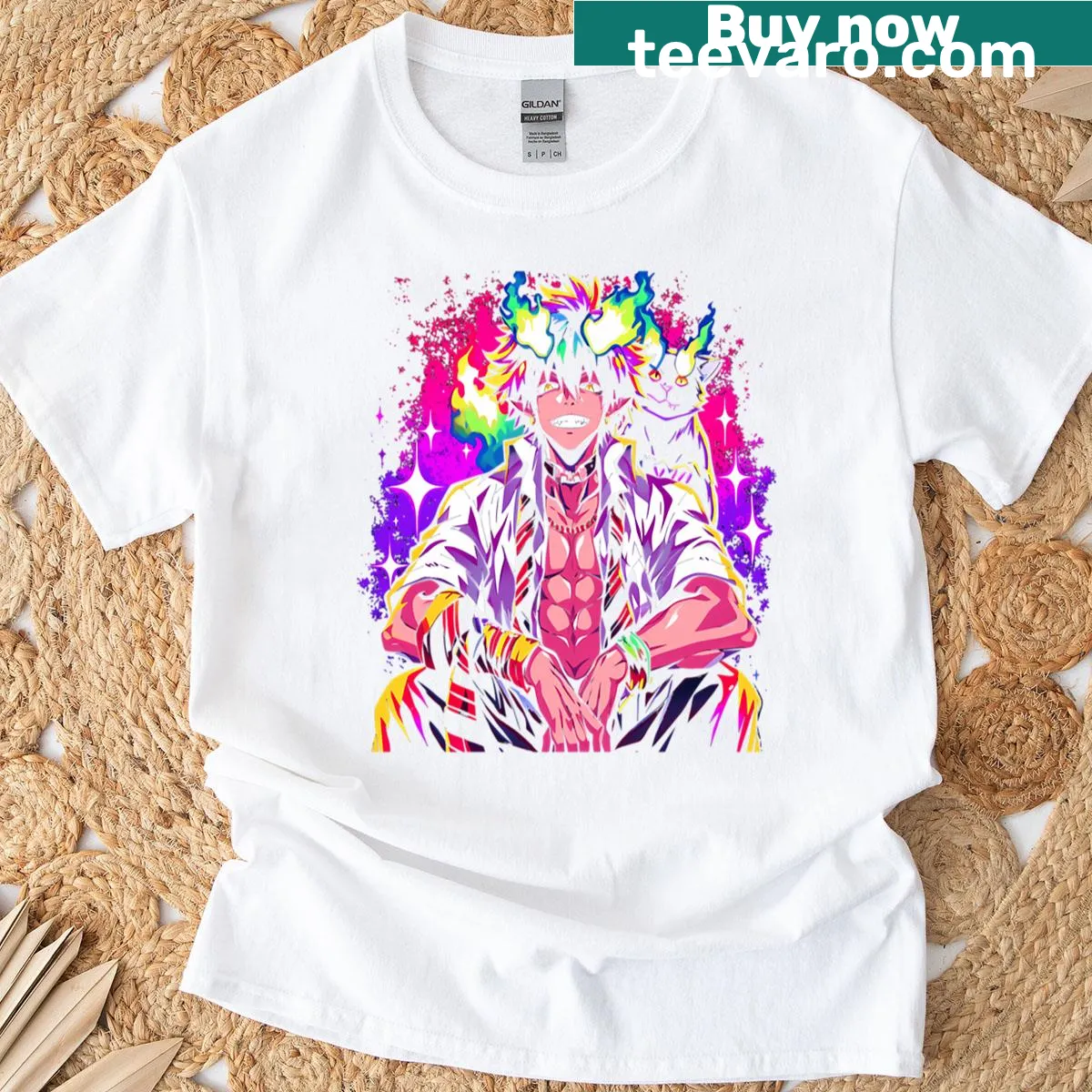 Illustration of Rin Okumura surrounded by blue flames on a T-shirt — on a men's t-shirt