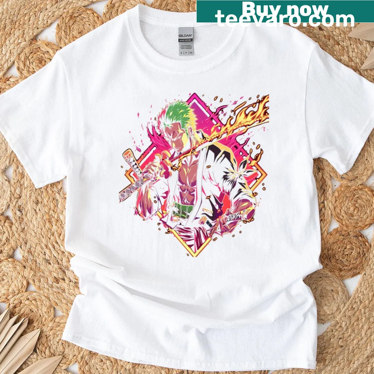 T-shirt featuring Roronoa Zoro and his three-sword style — on a men's t-shirt