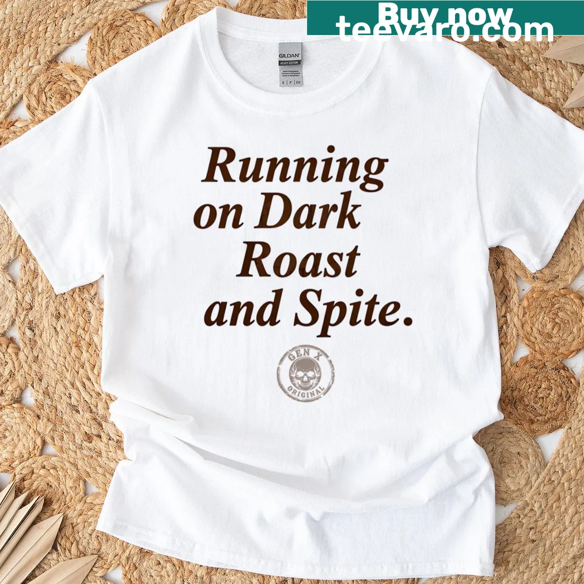 Funny T-shirt with the phrase about dark roast coffee and attitude — on a men's t-shirt