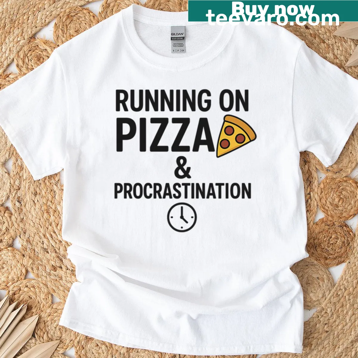 Funny quote design shirt that says Running On Pizza Procrastination — on a men's t-shirt