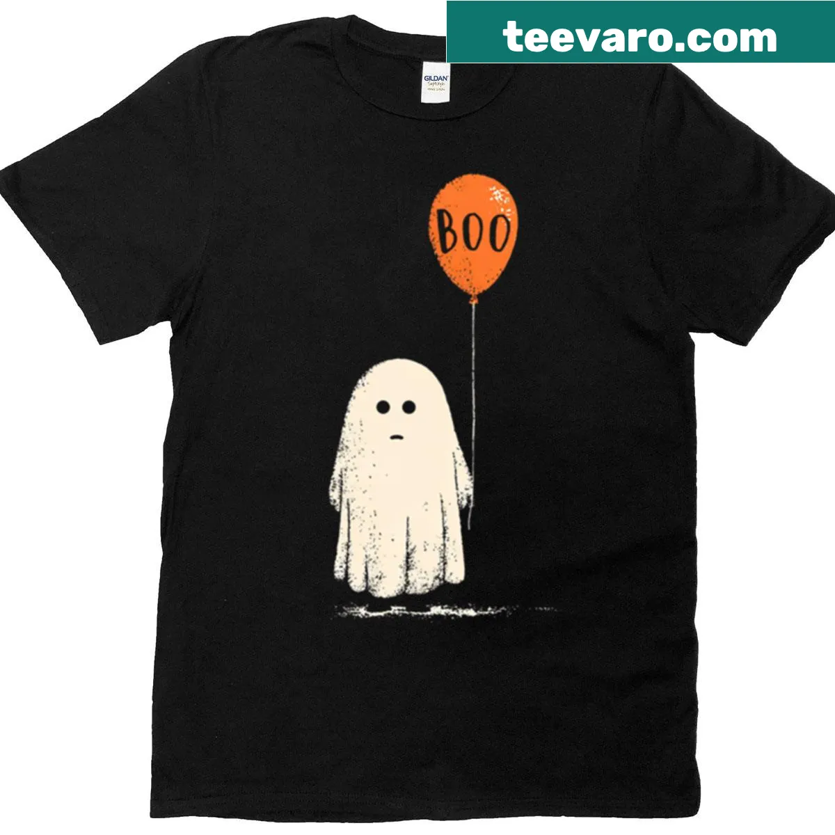 Cute Halloween t-shirt featuring a sad ghost with a 'Boo' balloon — on a men's t-shirt