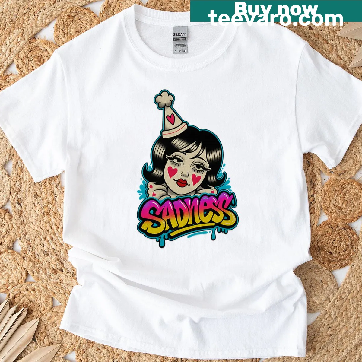 Edgy graffiti-style t-shirt featuring a sad clown girl illustration — on a men's t-shirt