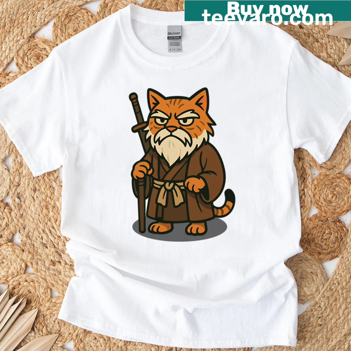 Whimsical illustration of a samurai cat in warrior attire. — on a men's t-shirt