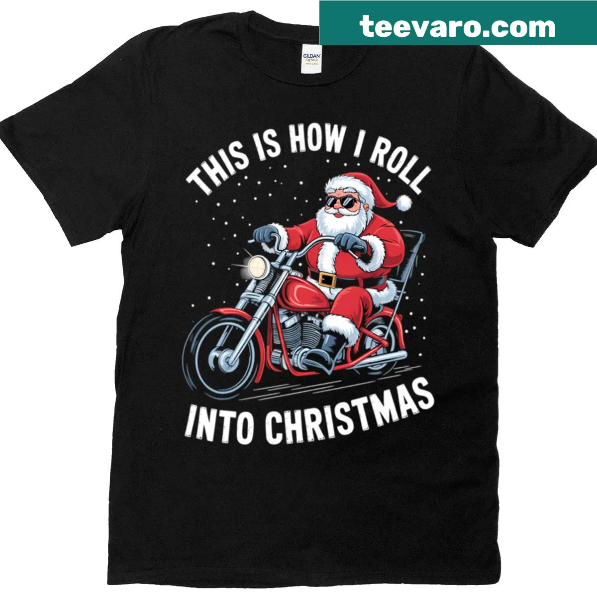 Cartoon Santa on a motorcycle graphic for Christmas T-shirt — on a men's t-shirt