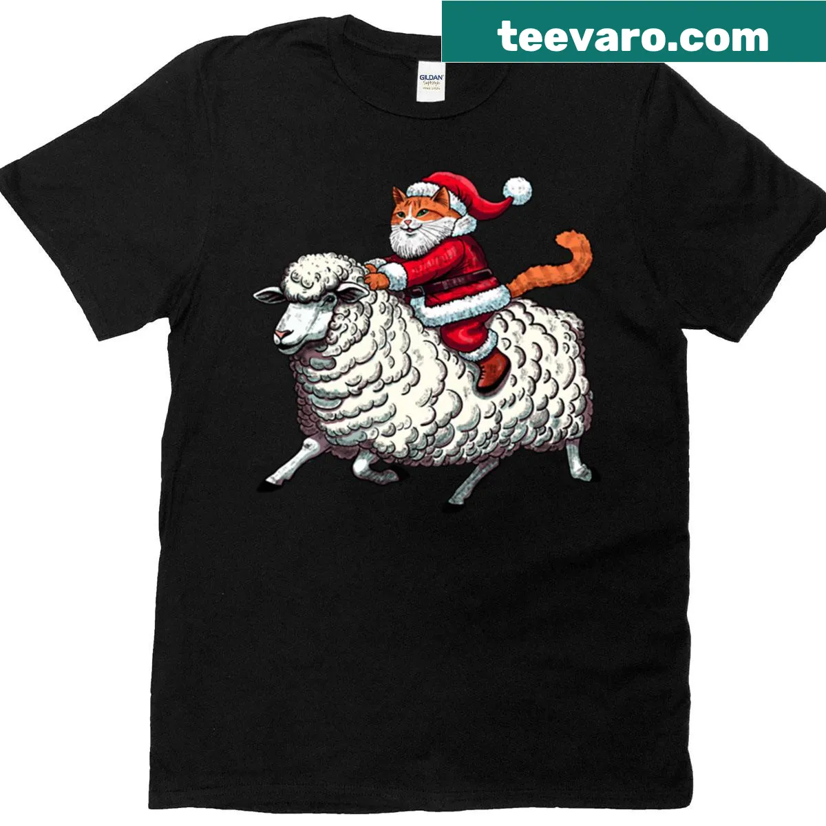 Cartoon Santa Claws cat sitting on a sheep graphic — on a men's t-shirt