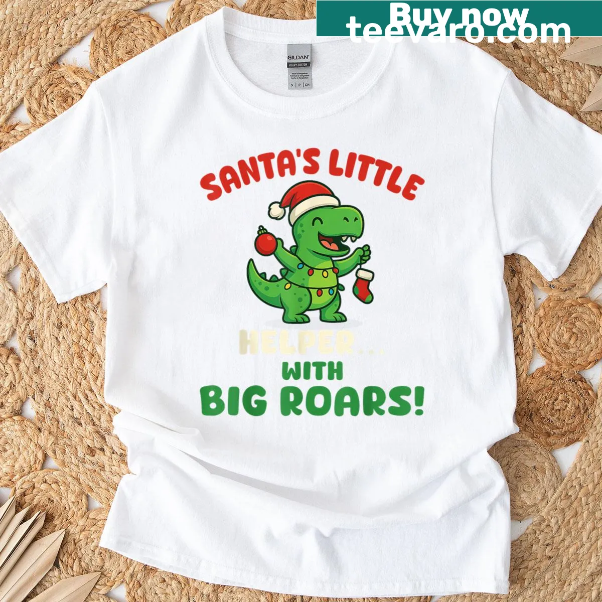 Funny dinosaur design with Santa hat for kids' Christmas t-shirt — on a men's t-shirt