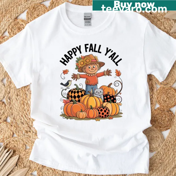 Cute fall-themed T-shirt with a scarecrow and pumpkins