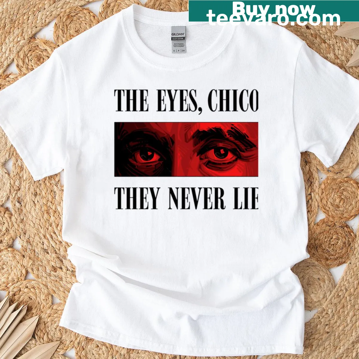 Graphic t-shirt featuring Scarface inspired eyes — on a men's t-shirt