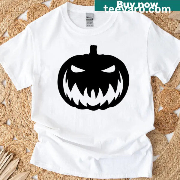 Cartoon-style scary jack o' lantern graphic on a t-shirt