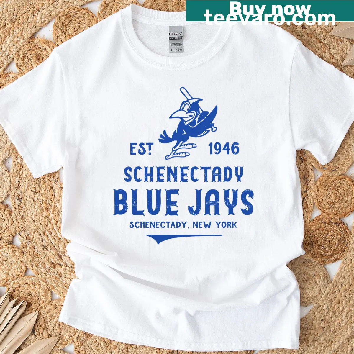 Vintage T-shirt honoring the Schenectady Blue Jays baseball team. — on a men's t-shirt