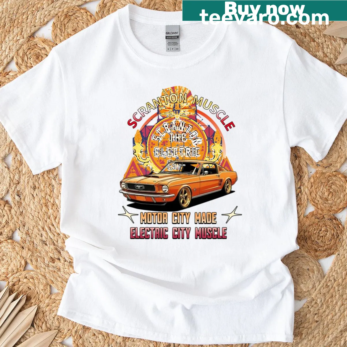 Illustration of muscle cars representing Scranton and Motor City — on a men's t-shirt
