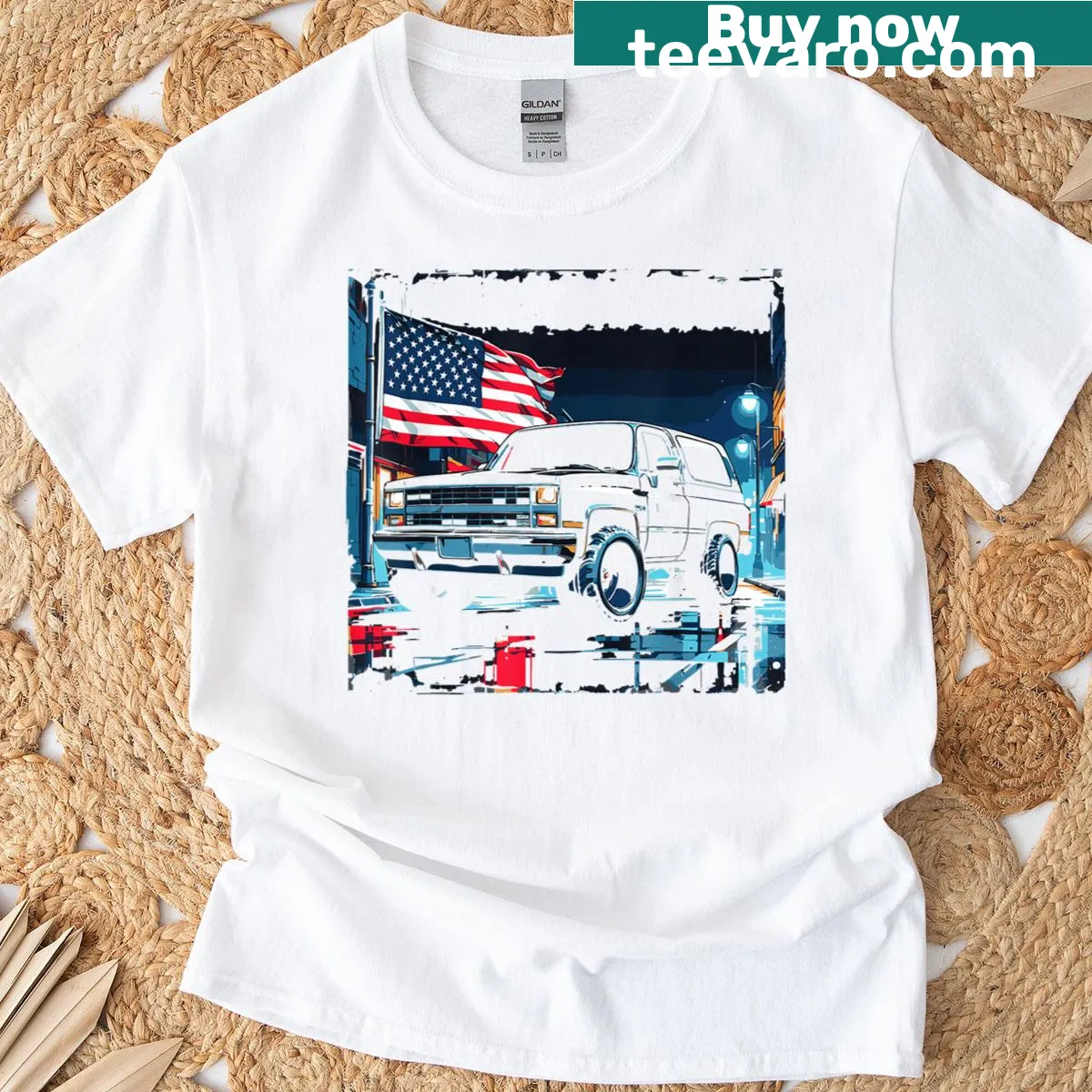 Illustration of a lifted K5 in a city night scene — on a men's t-shirt
