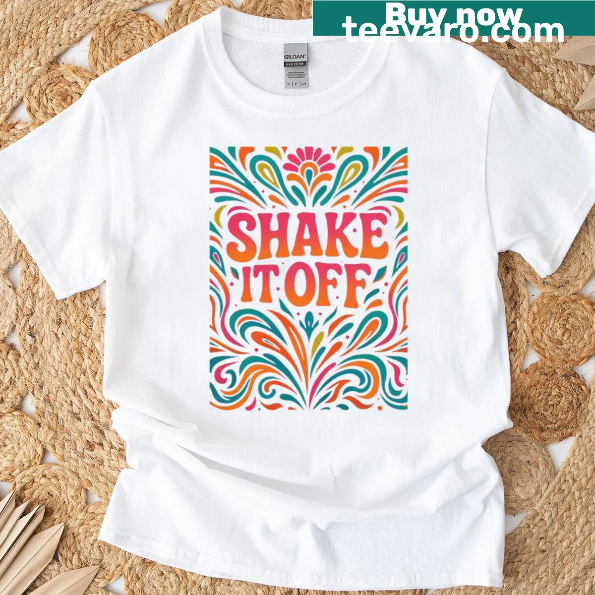 T-shirt with the phrase 'Shake It Off' in fun typography across the chest — on a men's t-shirt