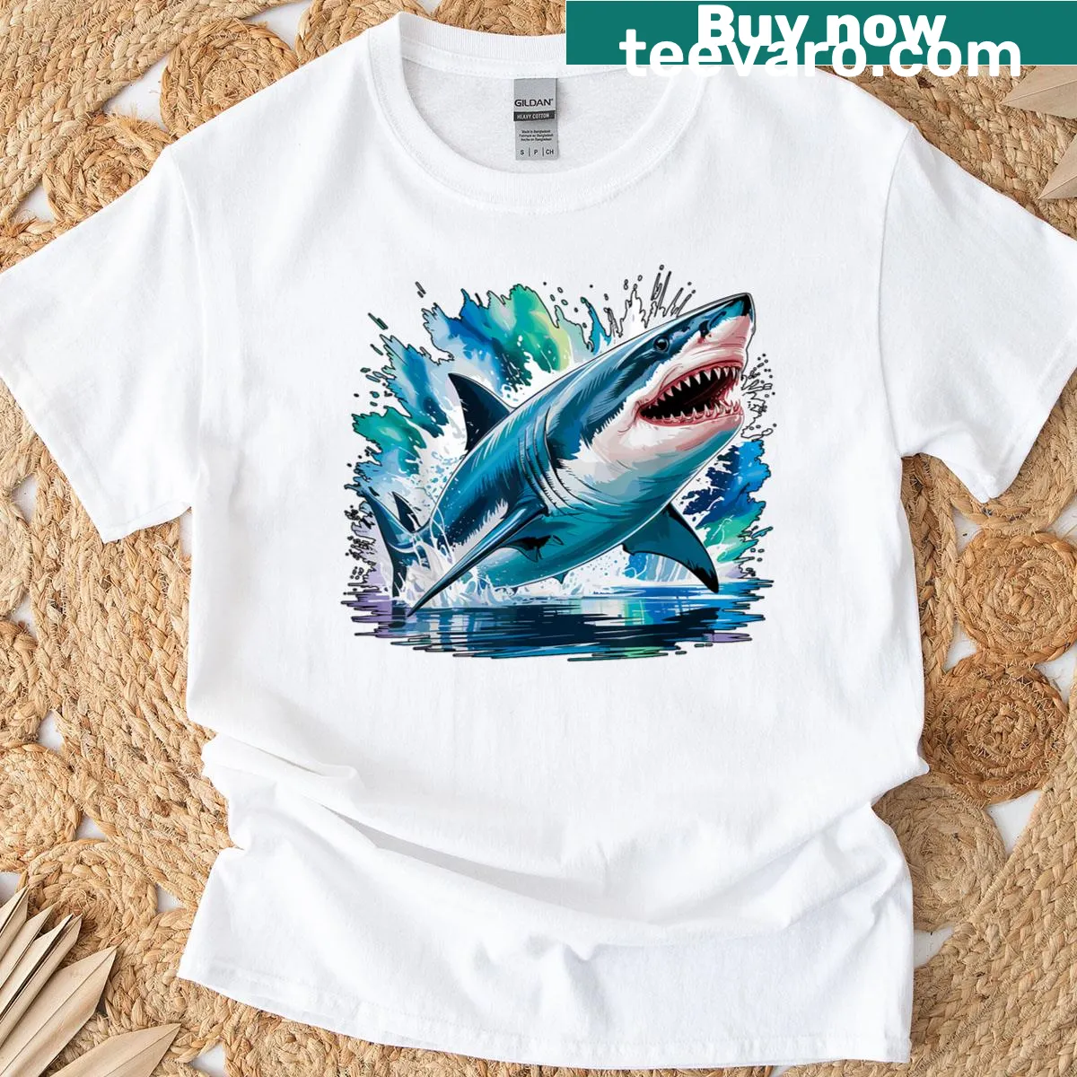 Watercolor shark design t-shirt celebrating marine life — on a men's t-shirt