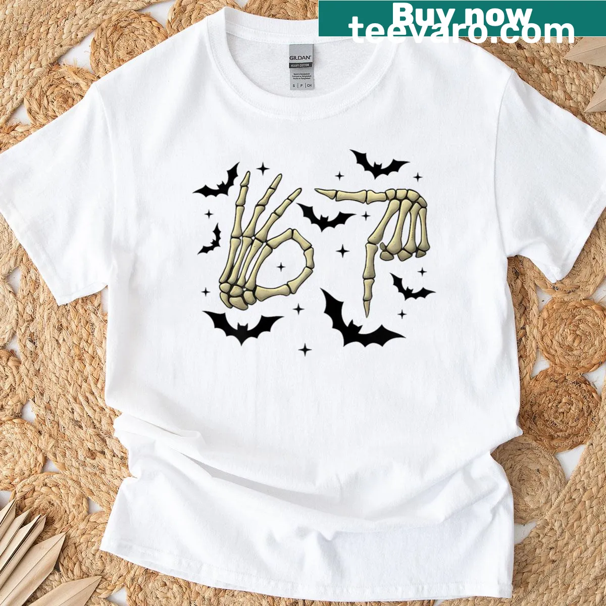 Cartoon skeleton hand graphic with meme text for Halloween — on a men's t-shirt