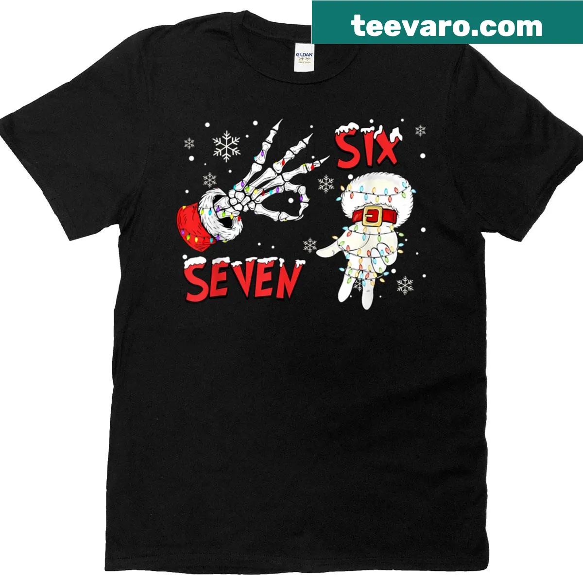 Christmas t-shirt with Santa hands and skeleton design — on a men's t-shirt