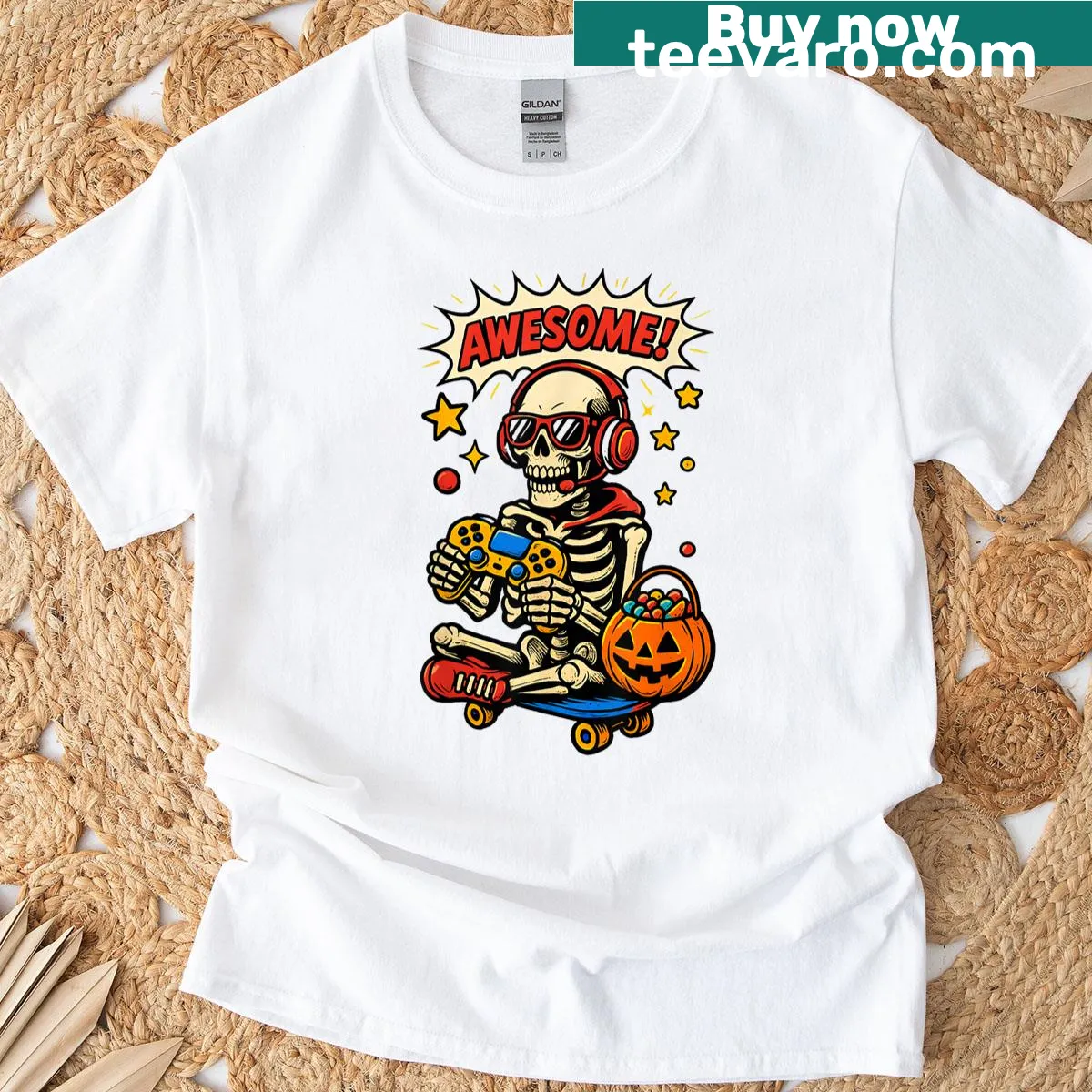 Retro comic-style skeleton gamer T-shirt with controller — on a men's t-shirt