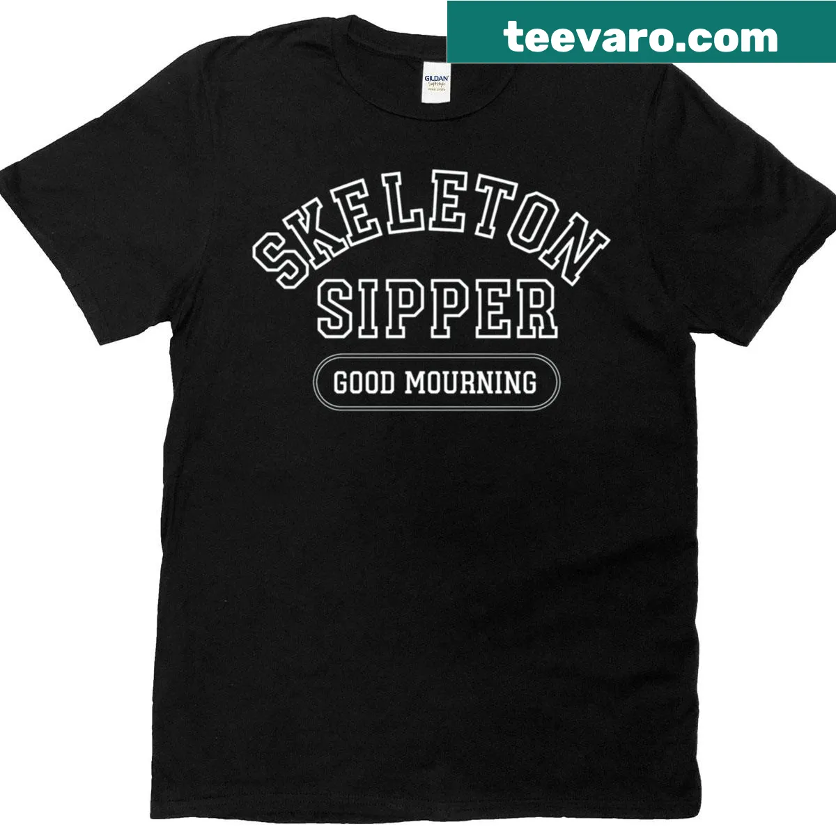 Humorous t-shirt with a cartoon skeleton saying Good Mourning for Halloween — on a men's t-shirt