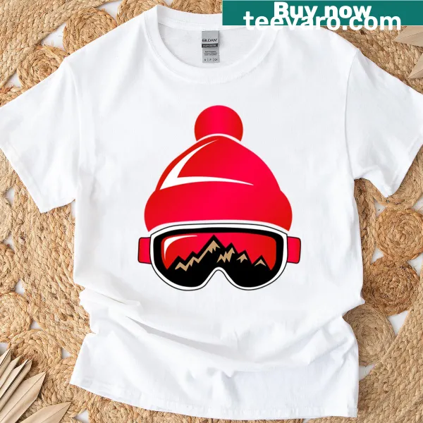 Illustration of ski goggles and mountain beanie on T-shirt