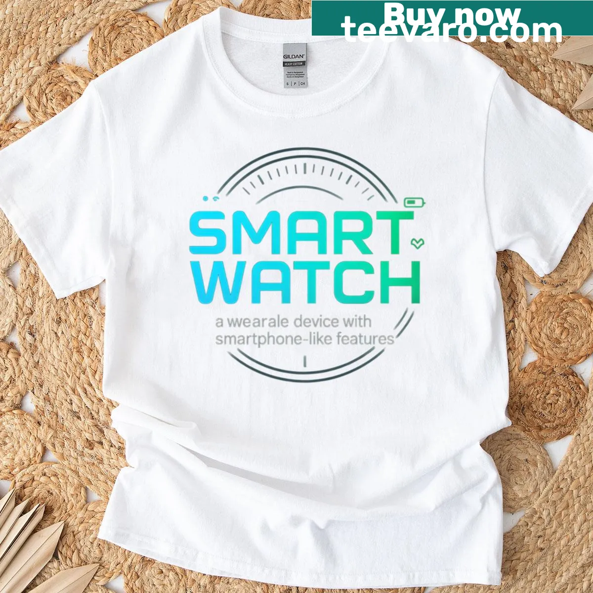 Text-based T-shirt about smartwatches as wearable devices. — on a men's t-shirt