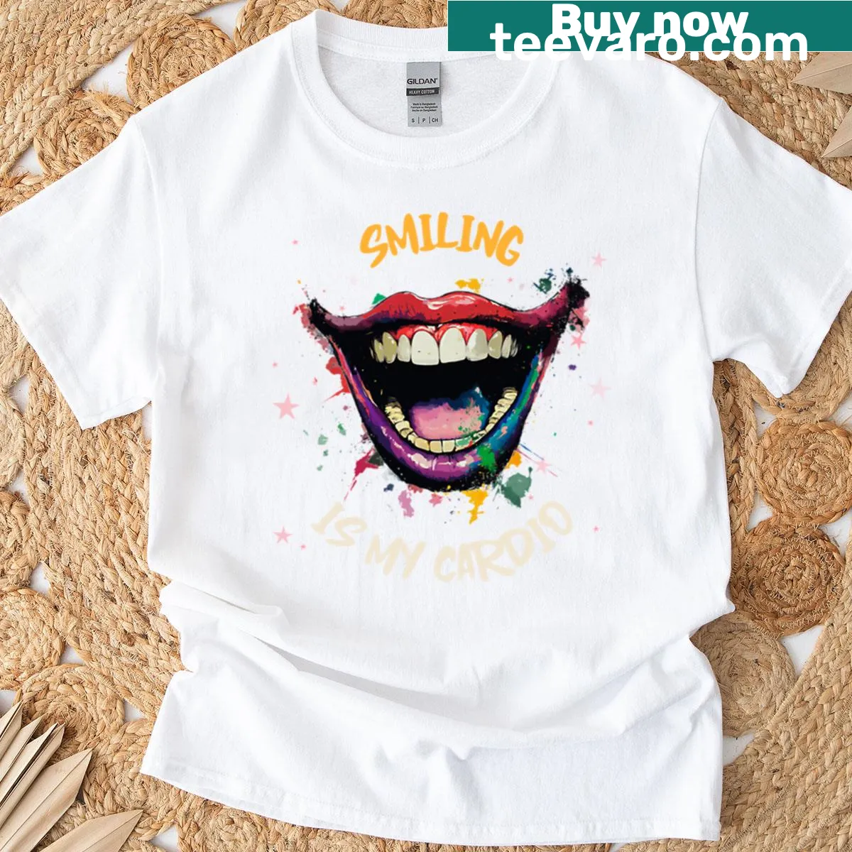 T-shirt featuring bold text 'Smiling Is My Cardio' in playful typography — on a men's t-shirt