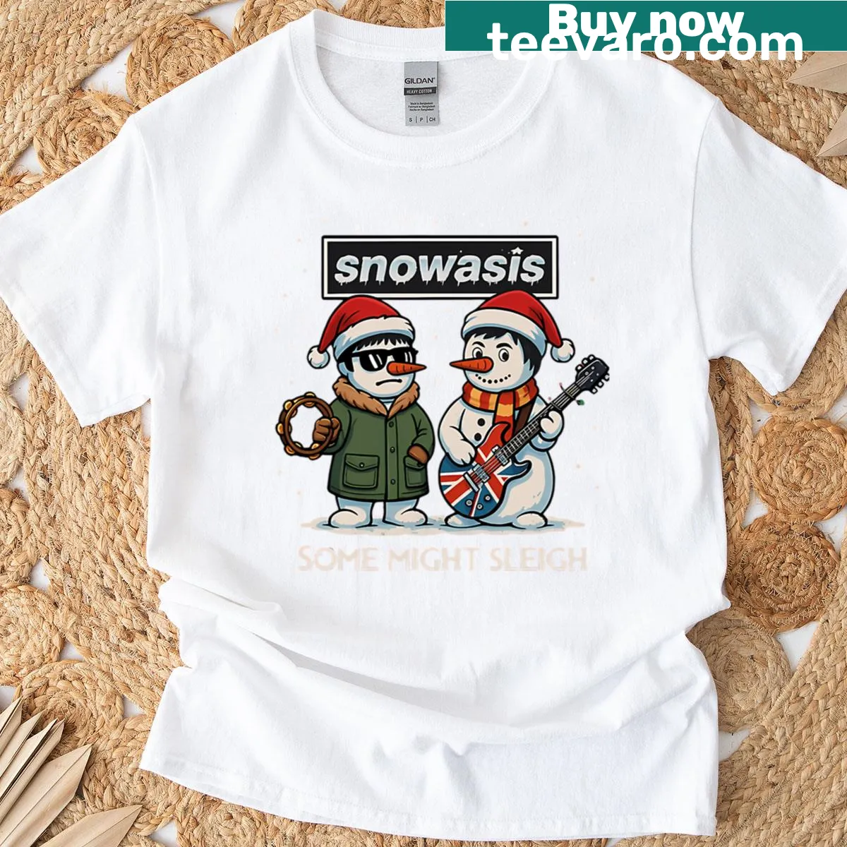 Playful Christmas design T-shirt with 'Some Might Sleigh' text. — on a men's t-shirt
