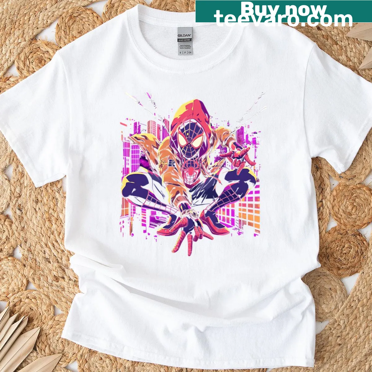 Spider-Man graphic t-shirt featuring the web-slinger in action — on a men's t-shirt