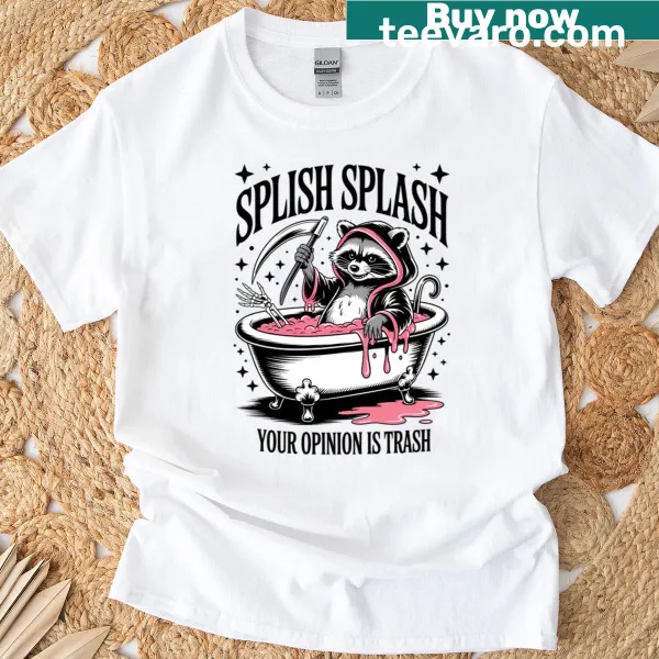 Funny raccoon design T-shirt with the text 'Your Opinion Is Trash'.