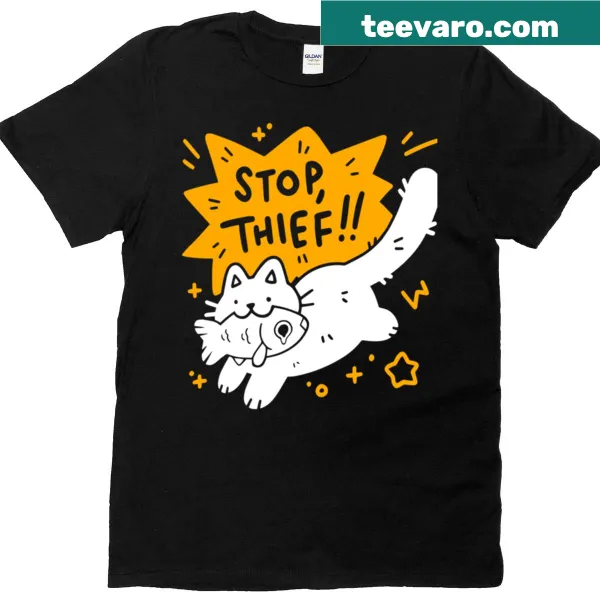 T-shirt with bold text saying 'Stop Thief' in a fun font