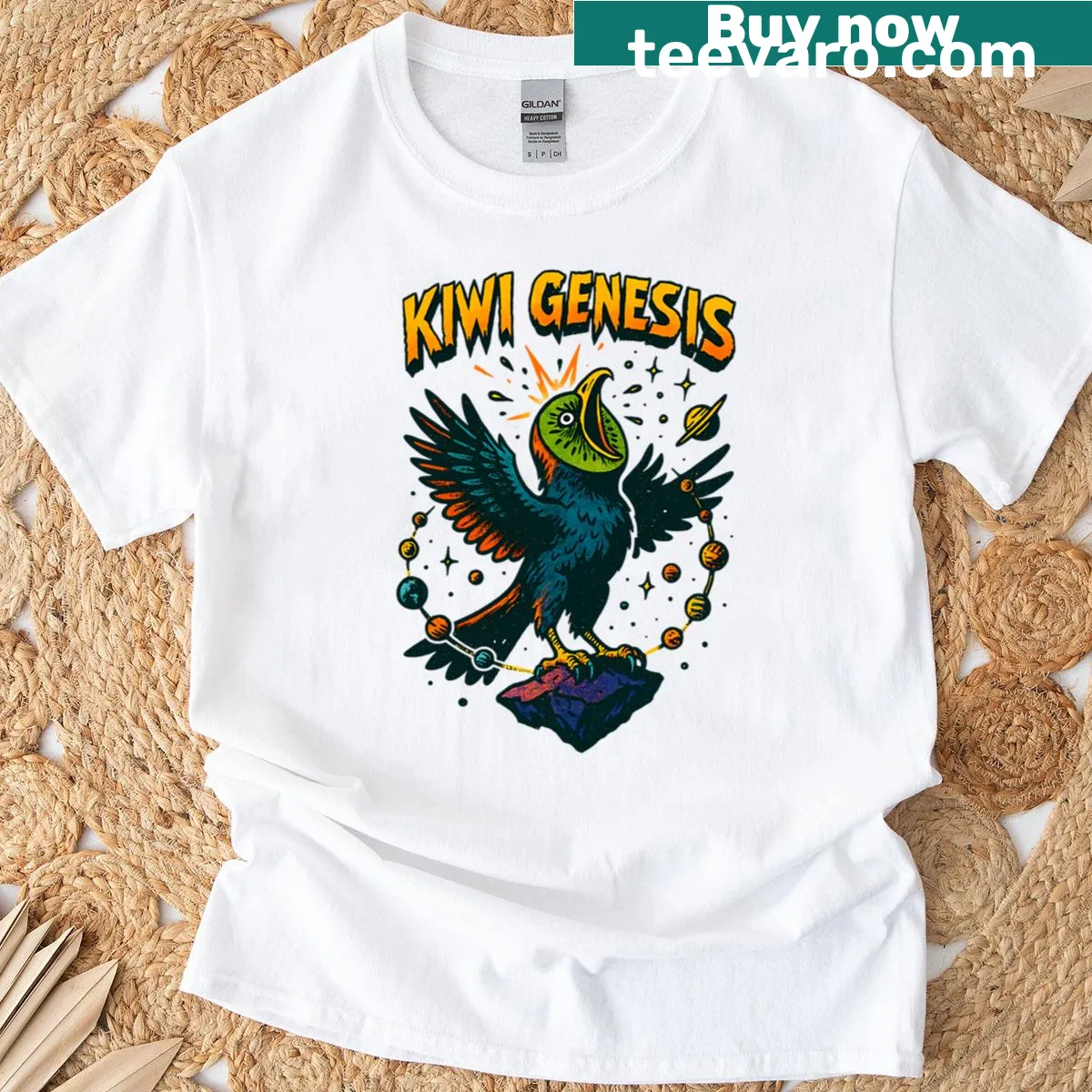 Surreal hawk kiwi hybrid illustration with cosmic elements — on a men's t-shirt