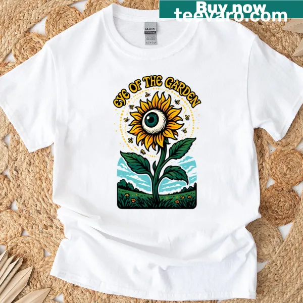 Surreal T-shirt with sunflowers, eyeballs, and cosmic bees design