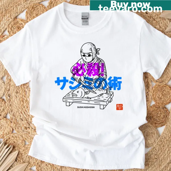 Cartoon sushi assassin graphic on a t-shirt