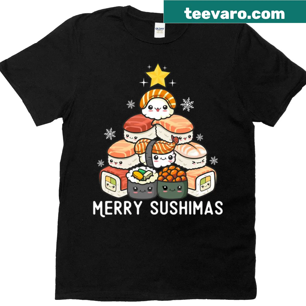 Kawaii Sushi Christmas Tree T-shirt with Japanese food art — on a men's t-shirt