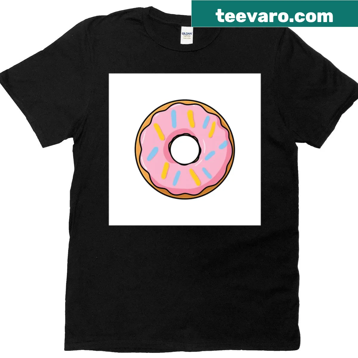 Cute pink donut with sprinkles graphic on a t-shirt — on a men's t-shirt