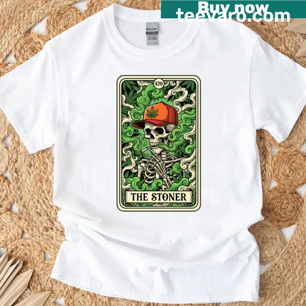 Skeleton-themed T-shirt featuring a cannabis Tarot card design